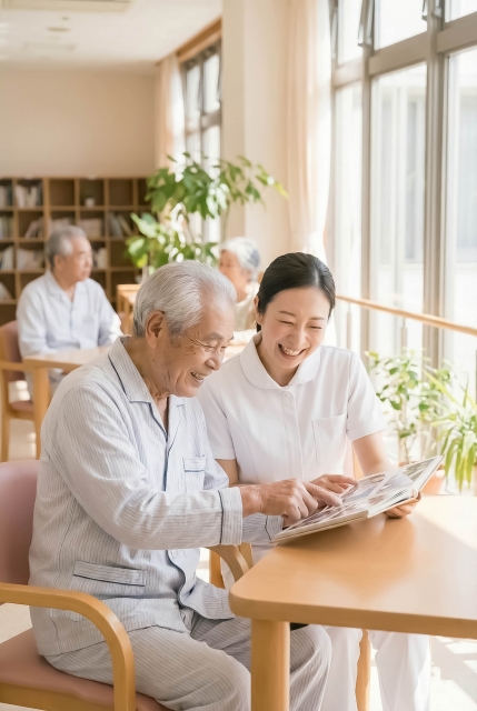 高齢者とナースがテーブルで笑顔で会話している画像